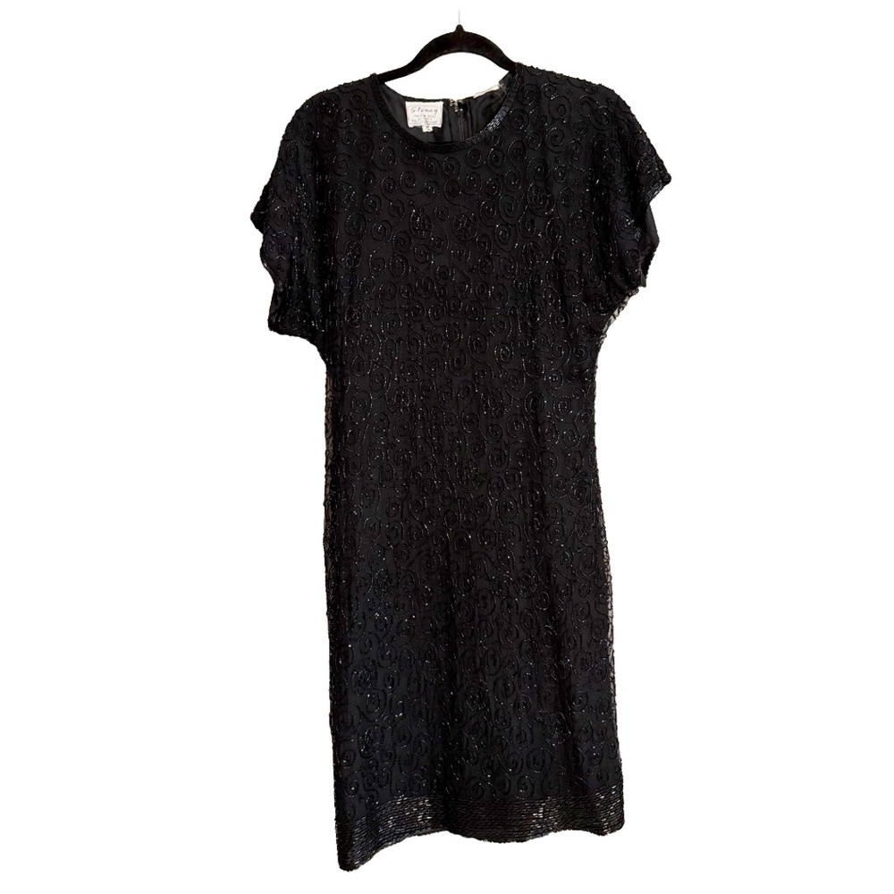🖤 Vintage 100% Silk Beaded Sequin Sheath Dress Black Party Cocktail Size 6